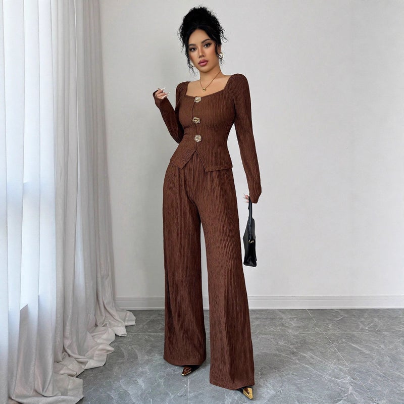 Women's Knitted Solid Color Square Neck Tracksuit Set with Metal Rose Buttons - Image 4