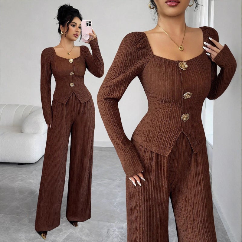 Women's Knitted Solid Color Square Neck Tracksuit Set with Metal Rose Buttons - Image 1