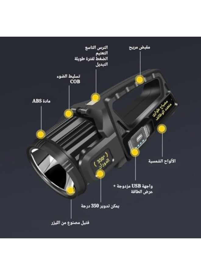 مضاءة قوية قابلة لإعادة الشحن، مصباح يدوي LED للضوء الساطع، مصباح يدوي خارجي محمول برأس دوار 350 درجة، مصباح شمسية مقاوم للماء IPX6 للطوارئ - Image 3
