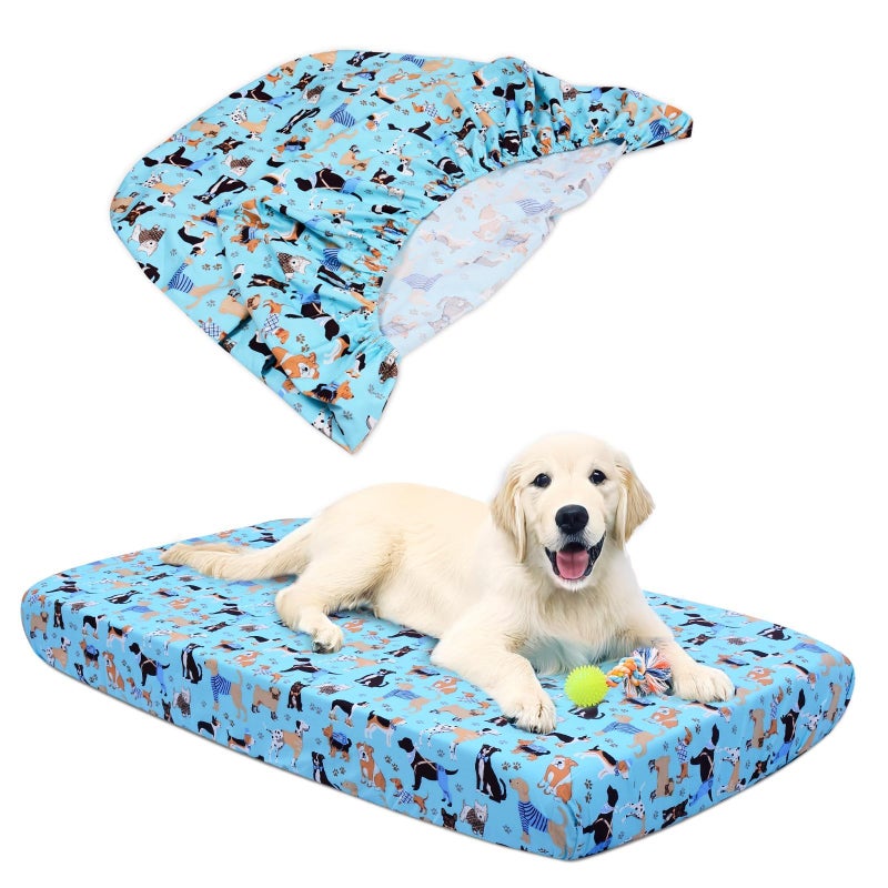 Hoopttay Dog Bed Covers Replacement Washable, Elastic Edged Pet Bed Protector with Cute Dog Pattern Design for Small & Medium Pet Beds, Cover Only (Blue, 36x27x6 Inch) - Image 1