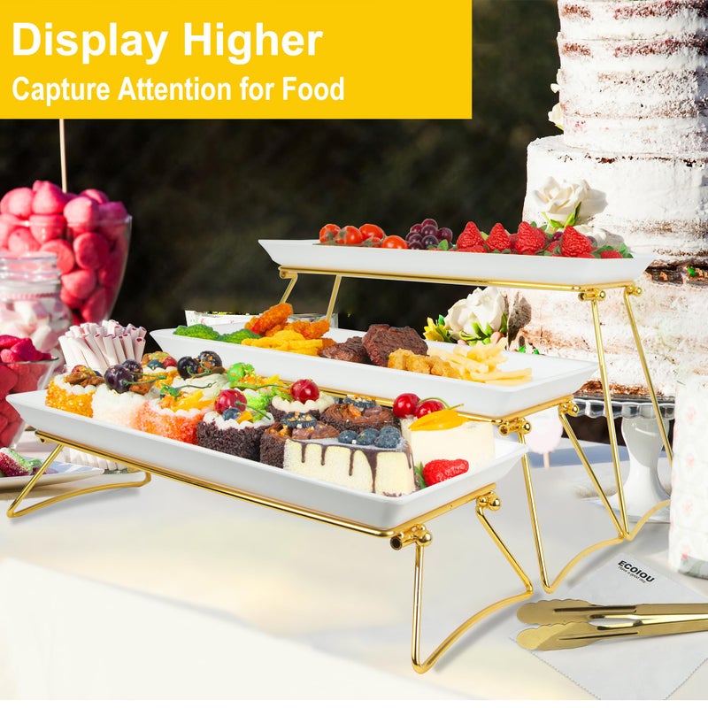 ECOIOU Extra Large 3 Tier Serving Tray, 24 x22 x 9.8 Inch Melamine Tiered Tray Stand and Platters for Party Buffet Entertaining, White and Gold - Image 4