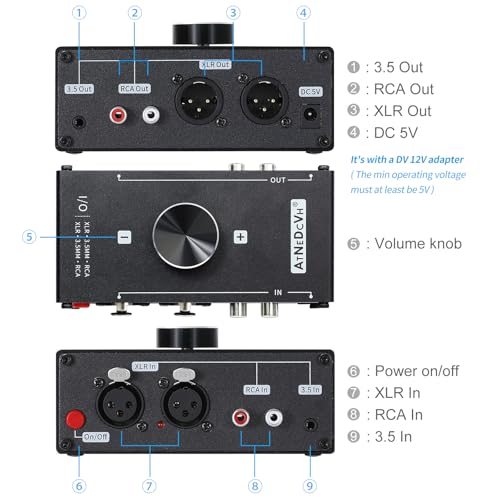 AtNeDcVh Stereo Audio Preamplifier - XLR Balanced RCA 3.5mm Input to XLR Balanced RCA 3.5mm Output Converter Adapter amp - Headphone Amplifier, Gain 20dB Phono Turntable Phonograph Preamp (Black) - Image 5