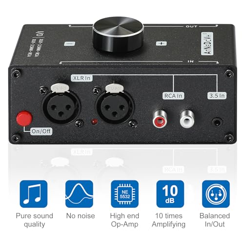 AtNeDcVh Stereo Audio Preamplifier - XLR Balanced RCA 3.5mm Input to XLR Balanced RCA 3.5mm Output Converter Adapter amp - Headphone Amplifier, Gain 20dB Phono Turntable Phonograph Preamp (Black) - Image 4