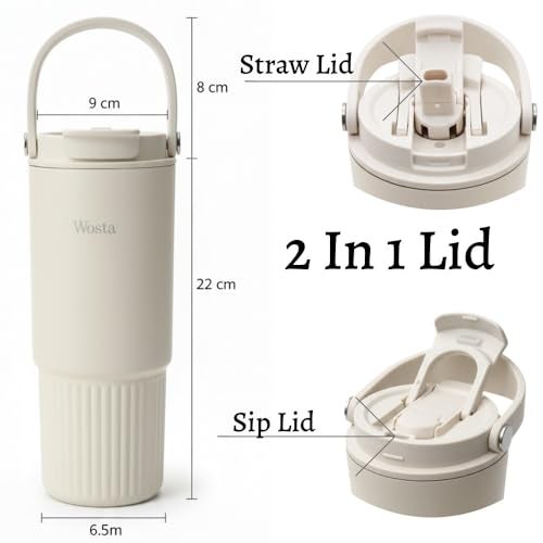 Wosta Tumbler with Straw Lid, 18/10 Stainless Steel Vacuum Tumblers, Leakproof Double Walled Iced Car Cup with Handle & Tea Infuser& Dishwasher Safe, for Hot & Cold Drinks, 800 Ml (White) - Image 2