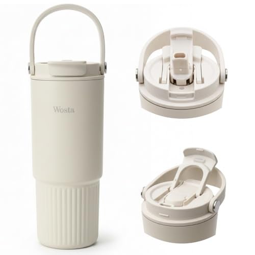 Wosta Tumbler with Straw Lid, 18/10 Stainless Steel Vacuum Tumblers, Leakproof Double Walled Iced Car Cup with Handle & Tea Infuser& Dishwasher Safe, for Hot & Cold Drinks, 800 Ml (White) - Image 1