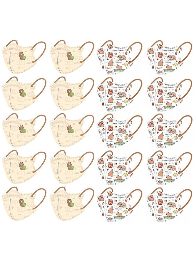 Beyond 20 Pcs Little Capybara Cartoon Masks Set, Dust Proof Sun Protection Fabric Face Covering (Brown+White)  - Image 1