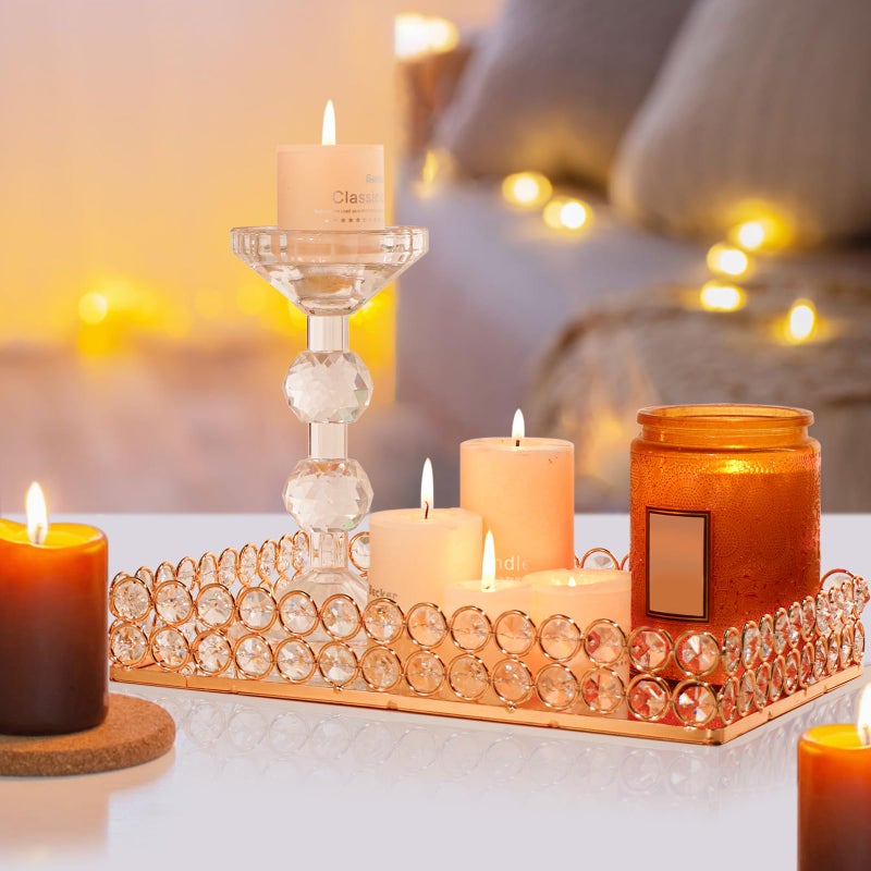 KEHAIL 2 Pcs Gold Metal Crystal Mirror Tray - 11.2"x8.1" Table Centerpieces Tray, Multi-Functional Display for Flowers/Cupcakes/Jewelry, Vanity Organizer & Wedding Dessert Table Accent - Image 5