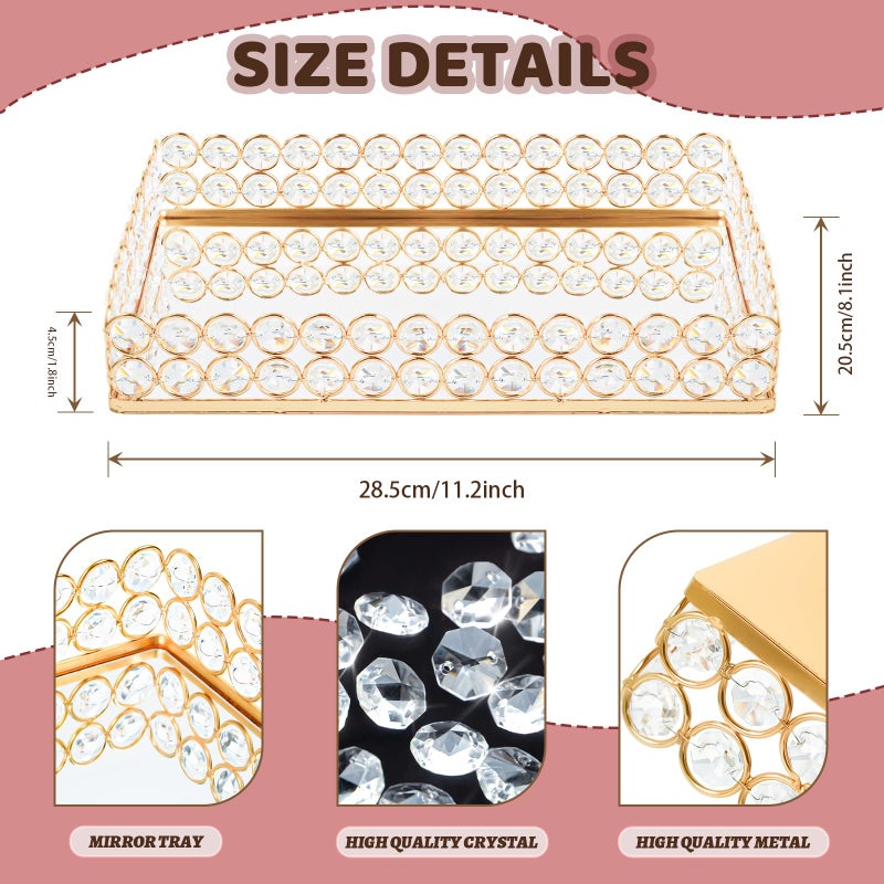 KEHAIL 2 Pcs Gold Metal Crystal Mirror Tray - 11.2"x8.1" Table Centerpieces Tray, Multi-Functional Display for Flowers/Cupcakes/Jewelry, Vanity Organizer & Wedding Dessert Table Accent - Image 2