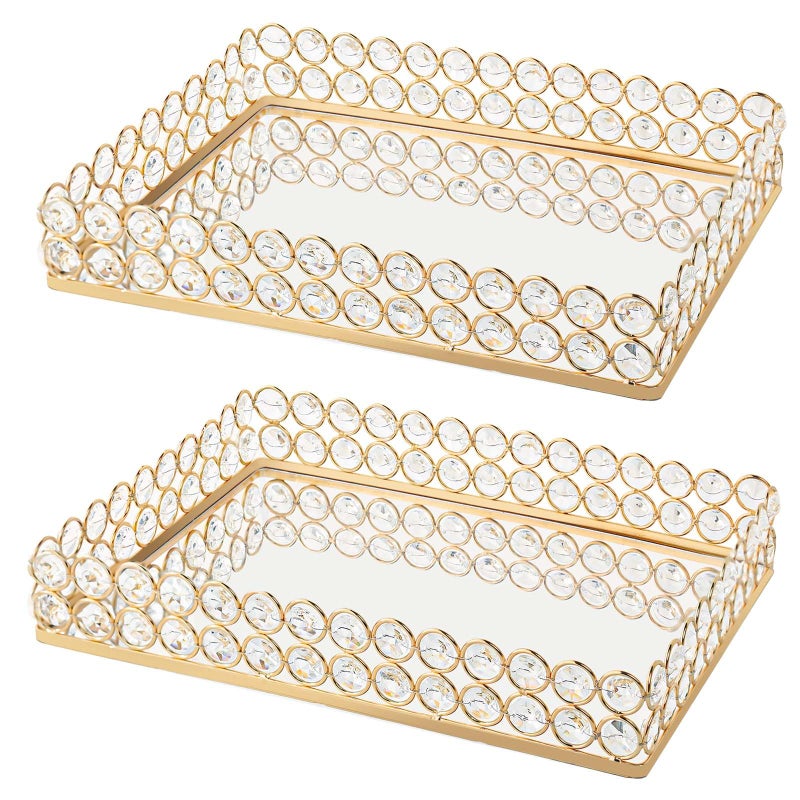KEHAIL 2 Pcs Gold Metal Crystal Mirror Tray - 11.2"x8.1" Table Centerpieces Tray, Multi-Functional Display for Flowers/Cupcakes/Jewelry, Vanity Organizer & Wedding Dessert Table Accent - Image 1