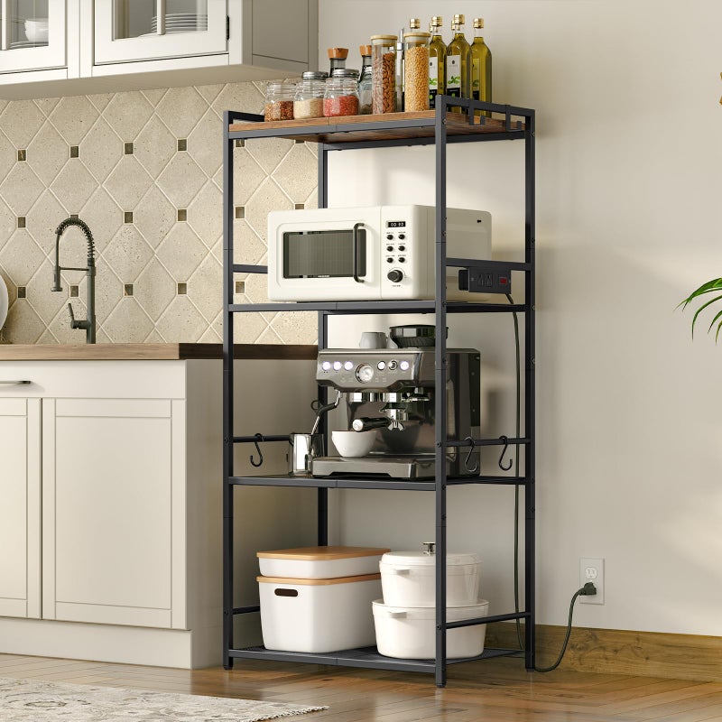 MAHANCRIS MAHANCRIS Bakers Rack with Power Outlet Microwave Stand with Hooks Multifunctional Storage Rack Coffee Bar with Enclosure Kitchen Storage Shelf for Kitchen Dining Room Rustic Brown BRHR40E01N1