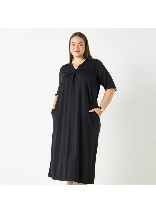 Ulla Popken Plus Size Ulla Popken V-neck Dress with Short Sleeves and Pockets  - Image 1
