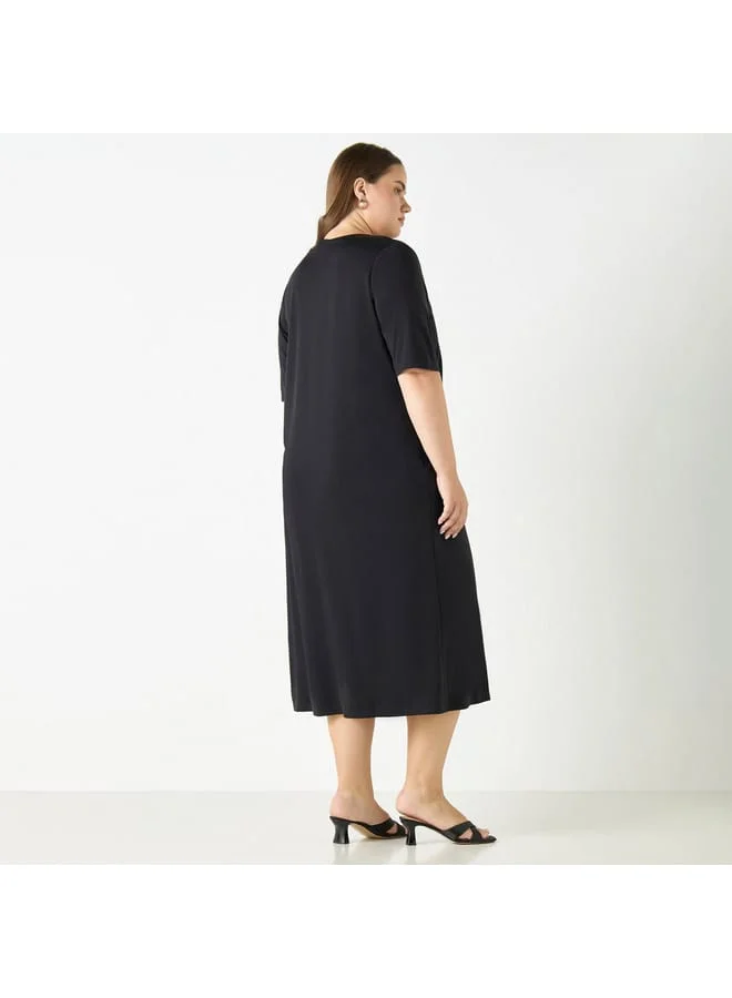 Ulla Popken Plus Size Ulla Popken V-neck Dress with Short Sleeves and Pockets