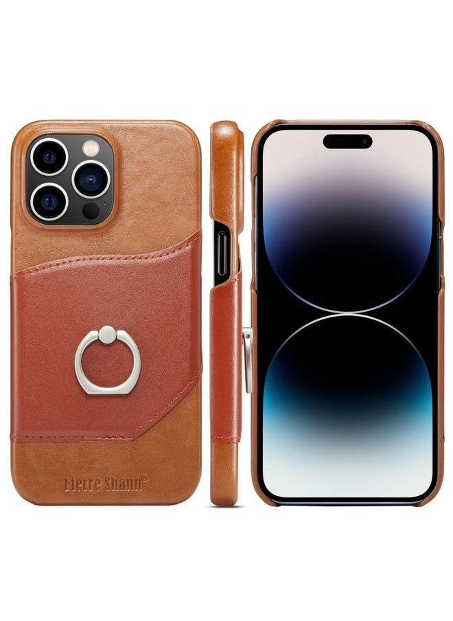 Generic - Case Cover For iPhone 14 Pro Max Fierre Shann Oil Wax Texture Genuine Leather Back Case Brown - Image 1