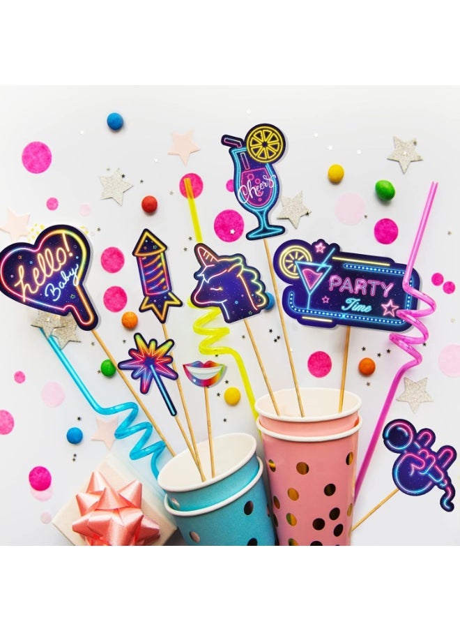 MIXDE 30pcs Glow Neon Photo Booth Props with Stick Neon Glow Party Decorations Glow in The Dark Party Favor Fluorescent Party Supplies for Birthday Rock Disco Black Light 80S 90S Party Decorations  - Image 4