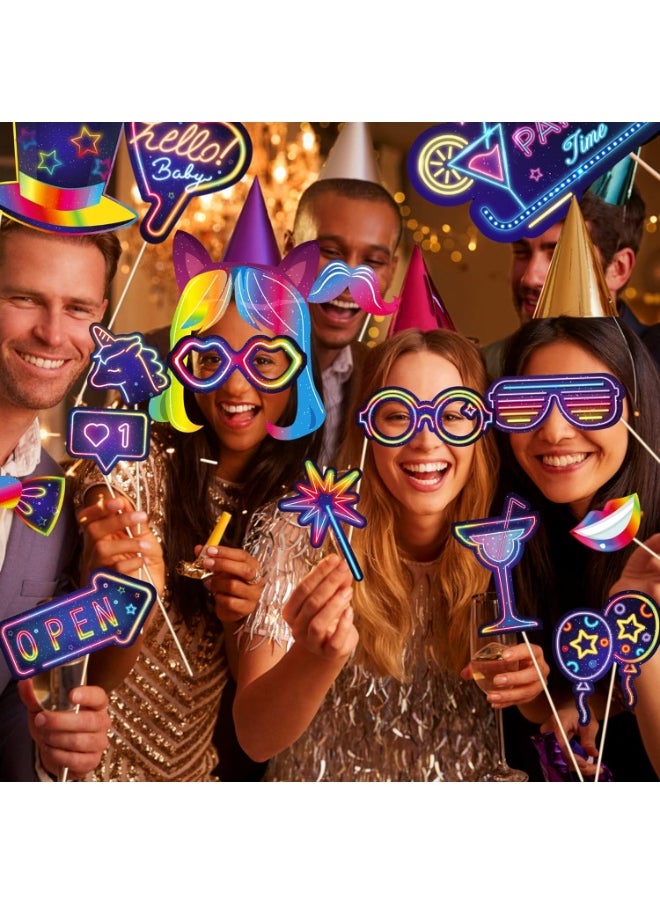 MIXDE 30pcs Glow Neon Photo Booth Props with Stick Neon Glow Party Decorations Glow in The Dark Party Favor Fluorescent Party Supplies for Birthday Rock Disco Black Light 80S 90S Party Decorations  - Image 2