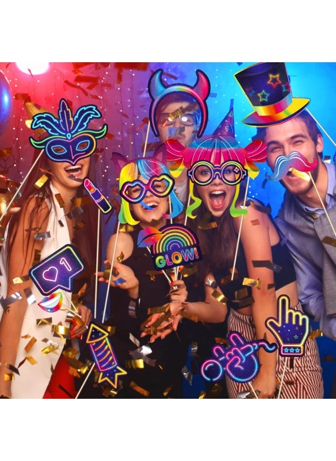 MIXDE 30pcs Glow Neon Photo Booth Props with Stick Neon Glow Party Decorations Glow in The Dark Party Favor Fluorescent Party Supplies for Birthday Rock Disco Black Light 80S 90S Party Decorations  - Image 3