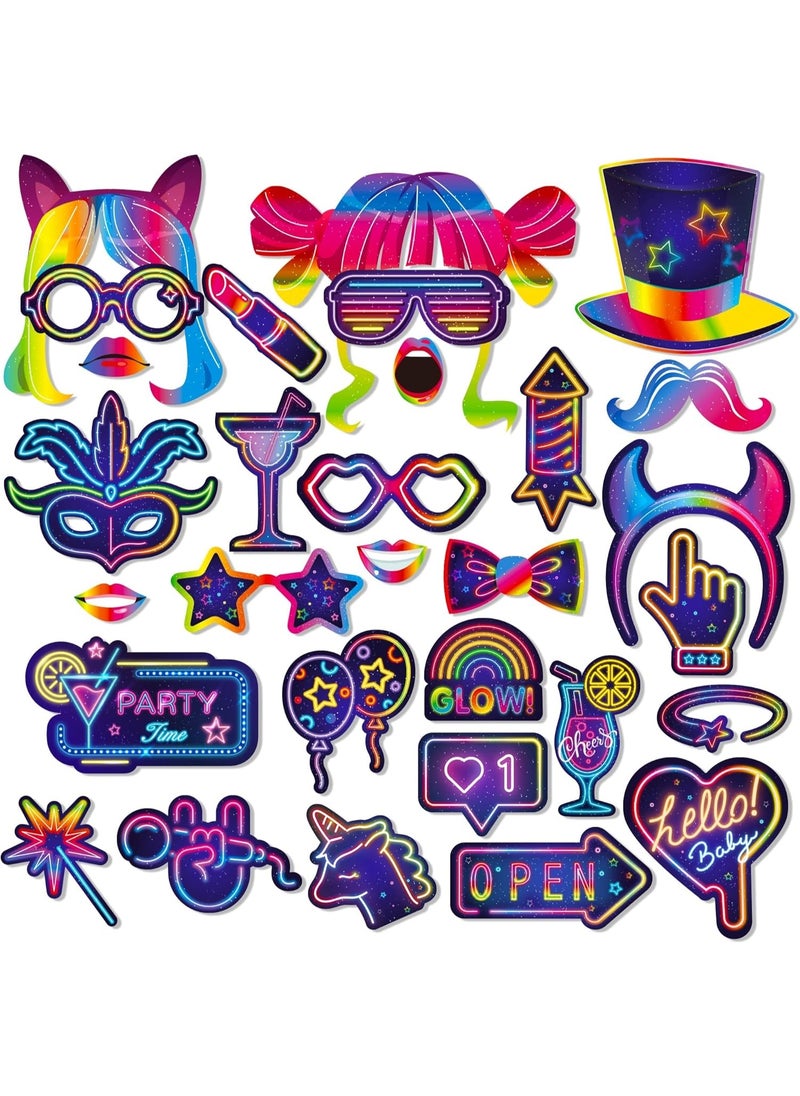 MIXDE 30pcs Glow Neon Photo Booth Props with Stick Neon Glow Party Decorations Glow in The Dark Party Favor Fluorescent Party Supplies for Birthday Rock Disco Black Light 80S 90S Party Decorations  - Image 1