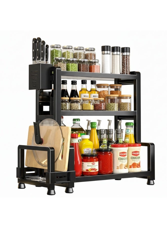 Sinyin 3 Tier Kitchen Spice Rack Organizer with Knife Holder and Cutting Board Rack, Multi-Function Countertop Storage Shelf for Seasonings, Oil Bottles, Sauces and Kitchen Accessories, Heavy Duty Metal Kitchen Organizer Black - Image 1
