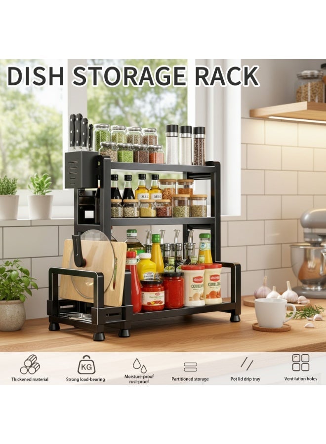 Sinyin 3 Tier Kitchen Spice Rack Organizer with Knife Holder and Cutting Board Rack, Multi-Function Countertop Storage Shelf for Seasonings, Oil Bottles, Sauces and Kitchen Accessories, Heavy Duty Metal Kitchen Organizer Black - Image 2