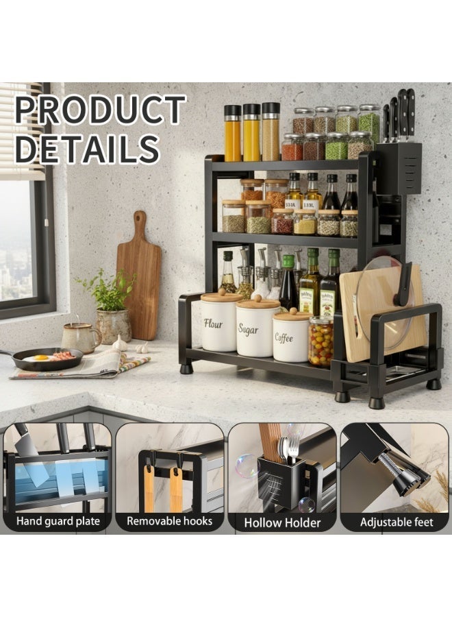 Sinyin 3 Tier Kitchen Spice Rack Organizer with Knife Holder and Cutting Board Rack, Multi-Function Countertop Storage Shelf for Seasonings, Oil Bottles, Sauces and Kitchen Accessories, Heavy Duty Metal Kitchen Organizer Black - Image 4