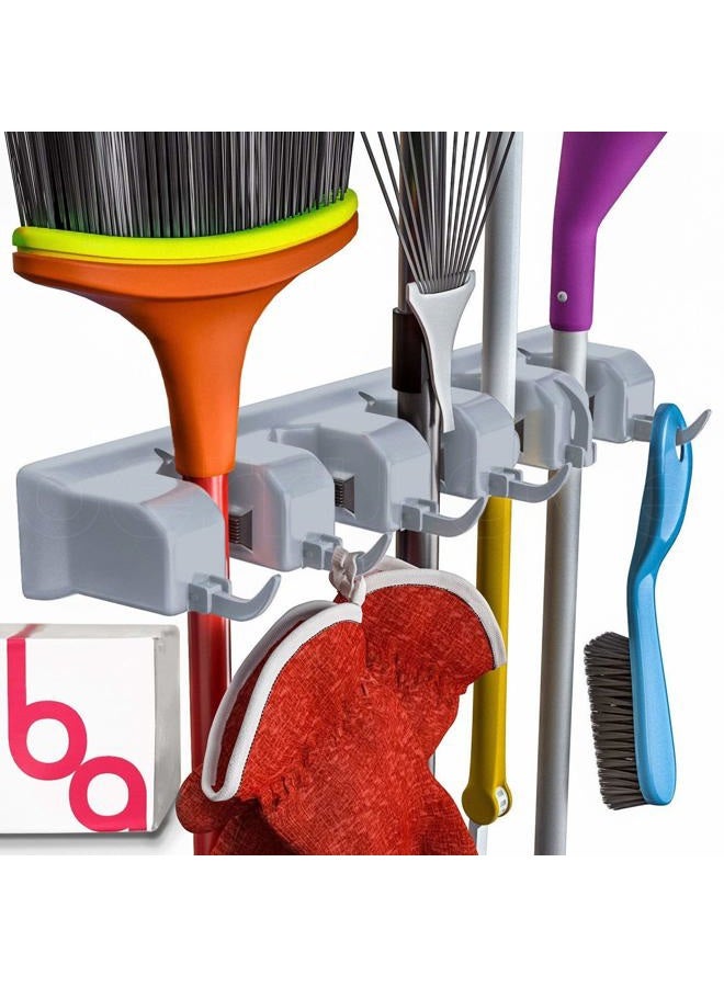 Berry Ave Broom Holder Wall Mount and Garden Tool Organizer, Closet Storage, Kitchen Rack, Home Organization and Garage Organizer for Rake or Mop Handles Up to 1.25-Inches, Hanger Plus 6 Hooks (Grey) - Image 1