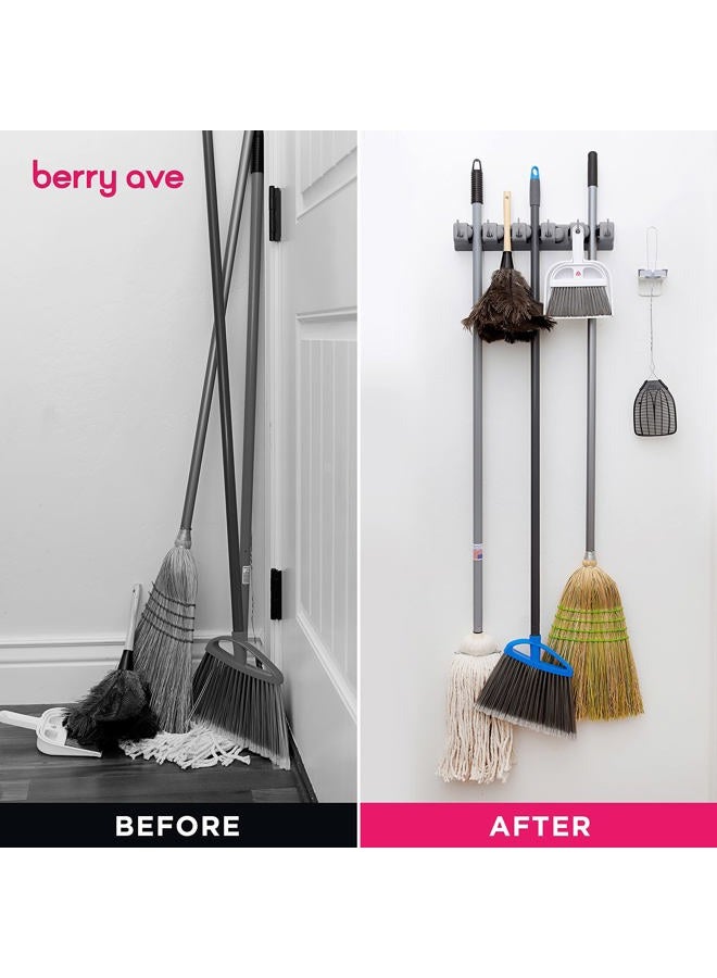 Berry Ave Broom Holder Wall Mount and Garden Tool Organizer, Closet Storage, Kitchen Rack, Home Organization and Garage Organizer for Rake or Mop Handles Up to 1.25-Inches, Hanger Plus 6 Hooks (Grey) - Image 5