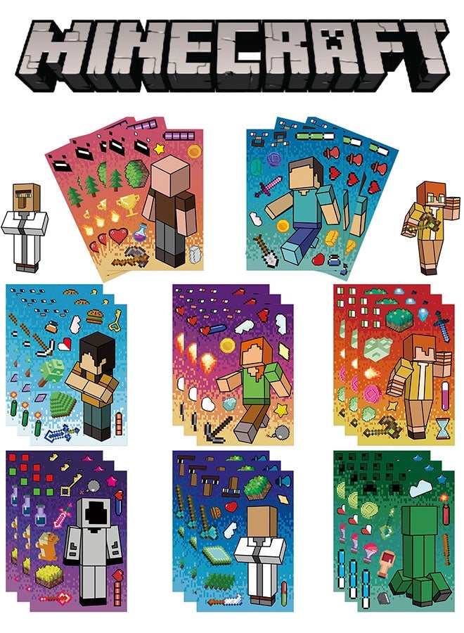 MINECRAFT 8 Sheets/Set MINECRAFT Cartoon Block World Stickers Waterproof Make a Face Puzzle Stickers DIY Craft for Kids - Image 1
