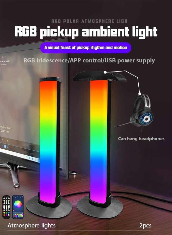 2pcsambient light RGB,Desktop pickup ambient light,Bluetooth Esports Atmosphere Lightt,Computer desktop gaming headphone placement bracket,Three control modes Timing switch lamp USB powered RGB ambient light, suitable for touch control in offices/homes/games/desks  - Image 1