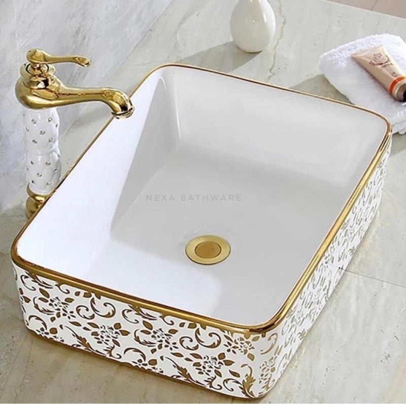 Nexa Bathware Impoarted Ceramic Wash Basin Luxurious Wash basin Table Top Bathroom Sink WashGOLD Colour With High Temprature 19 x 15 x 5 INCH EQ172 - Image 1