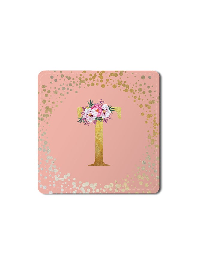 Stylizedd 2 Pack Designer Leather Coasters Mat for Beverage Drinks- Custom Monogram Initial Letter Floral Pattern Alphabet - T (Rose Pink) - Image 1