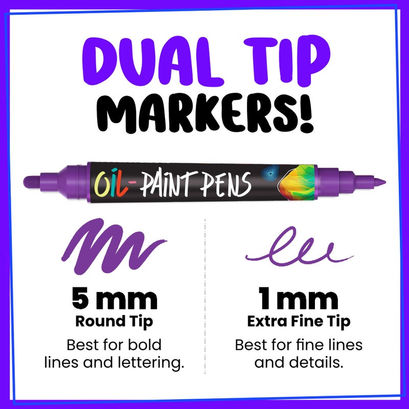Chalkola 20 Oil Paint Pens - Oil Based Paint Markers for Metal, Fabric, Ceramic, Glass, Rocks - Waterproof & Permanent Markers for Wood, Plastic Surfaces, Steel - 1mm + 5mm Dual Tip - Image 2