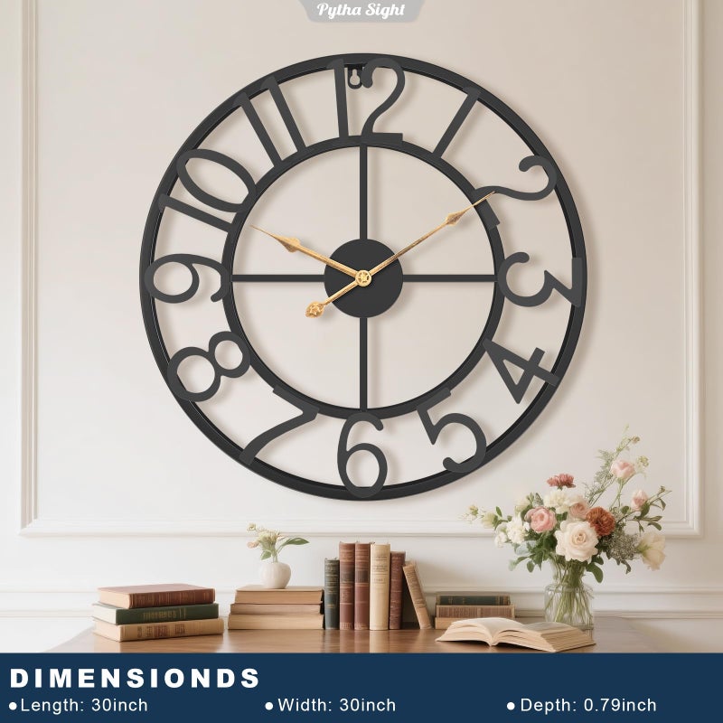 Pytha Sight 30 Inch Extra Large Giant Wall Clock,Oversized Round Silent Vintage Industrial Black Metal Farmhouse Big Arabic Numeral Wall Clocks for Living Room,Kitchen,Bedroom Home Decor - Image 2