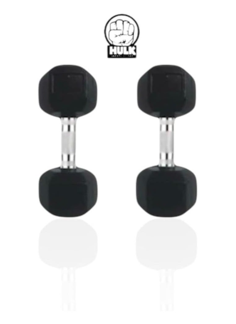 Hexagonal dumbbell set of shiny solid rubber - two pieces, each weighing 5 kg