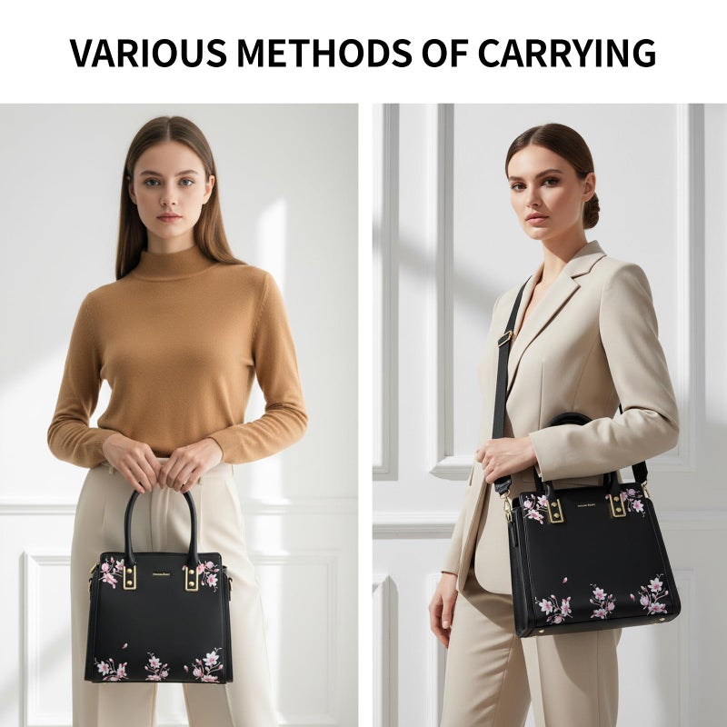 Pomelo Best Black Purses and Handbags for Women PU Leather, Top Handle Satchel Floral Tote Shoulder Bag with Adjustable Strap for ladies - Image 2