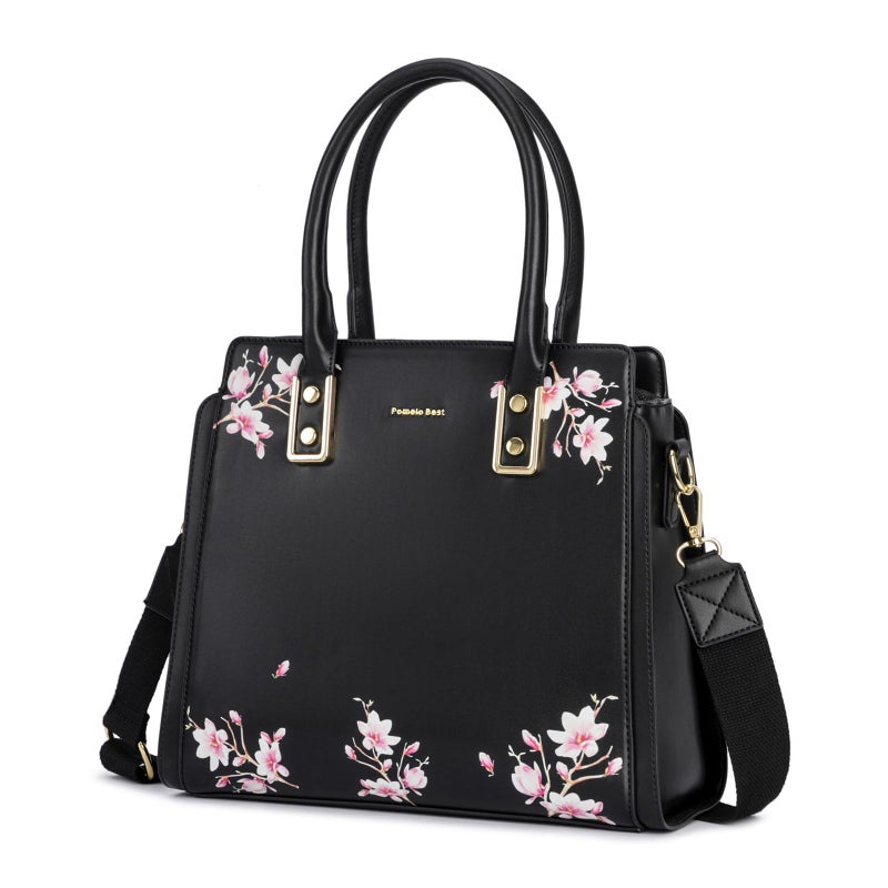 Pomelo Best Black Purses and Handbags for Women PU Leather, Top Handle Satchel Floral Tote Shoulder Bag with Adjustable Strap for ladies - Image 1