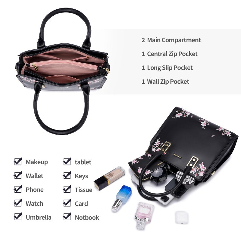 Pomelo Best Black Purses and Handbags for Women PU Leather, Top Handle Satchel Floral Tote Shoulder Bag with Adjustable Strap for ladies - Image 3