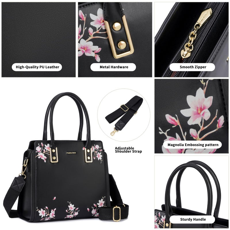 Pomelo Best Black Purses and Handbags for Women PU Leather, Top Handle Satchel Floral Tote Shoulder Bag with Adjustable Strap for ladies - Image 5