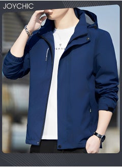Solid Pattern Autumn and Winter Men's Jacket Hooded Casual Sports Windproof Zipper Coat with Cap Outdoor Blue