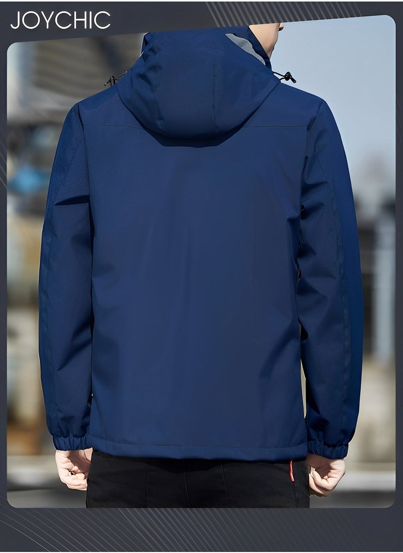 NIBEMINENT - Solid Pattern Autumn and Winter Men's Jacket Hooded Casual Sports Windproof Zipper Coat with Cap Outdoor Blue - Image 1