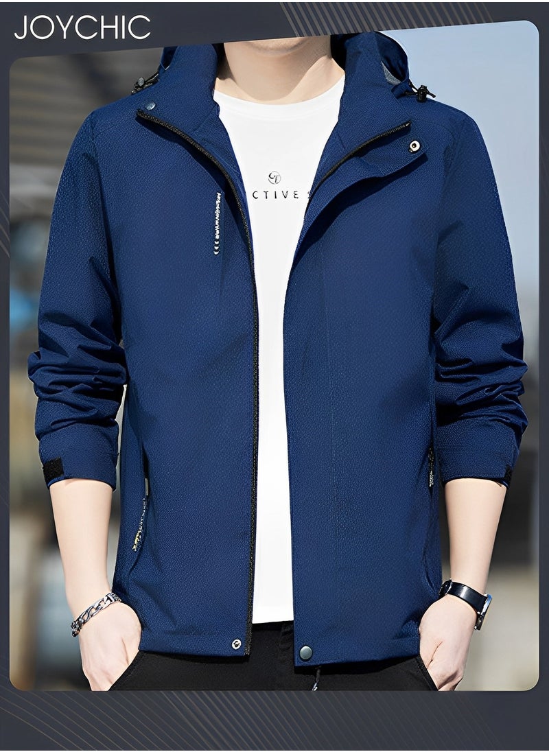 NIBEMINENT - Solid Pattern Autumn and Winter Men's Jacket Hooded Casual Sports Windproof Zipper Coat with Cap Outdoor Blue - Image 1