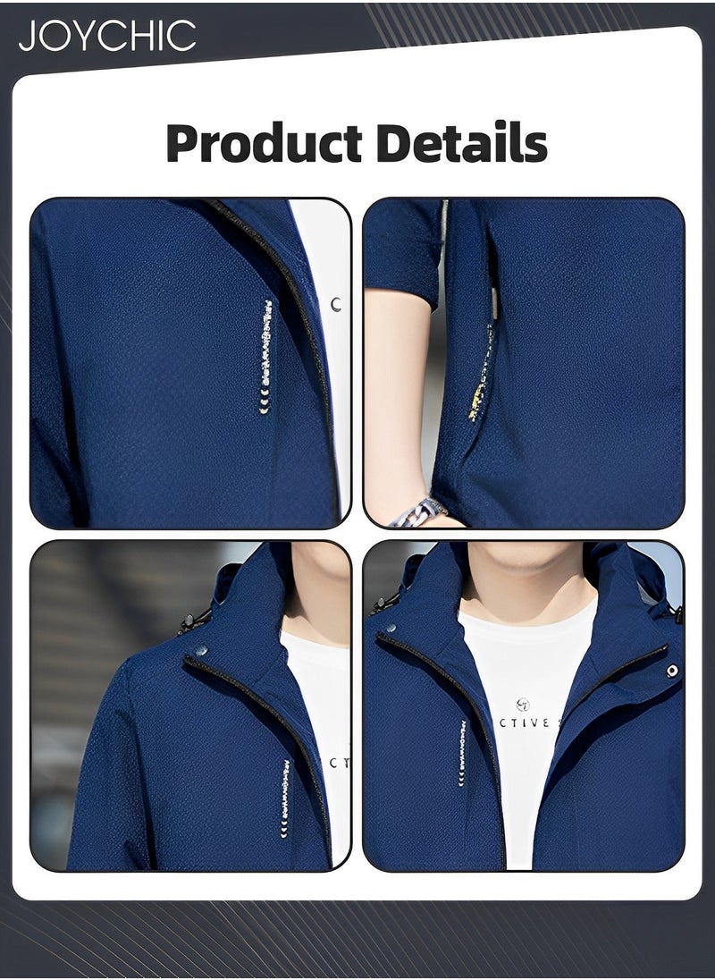 NIBEMINENT - Solid Pattern Autumn and Winter Men's Jacket Hooded Casual Sports Windproof Zipper Coat with Cap Outdoor Blue - Image 1