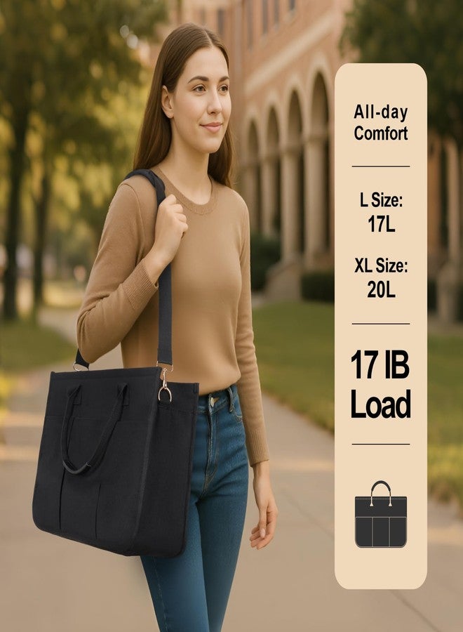 F-color College Tote Bag for School - Large Canvas Nurse Bag with Pockets and Compartment, Black With Zipper, Large - Image 2