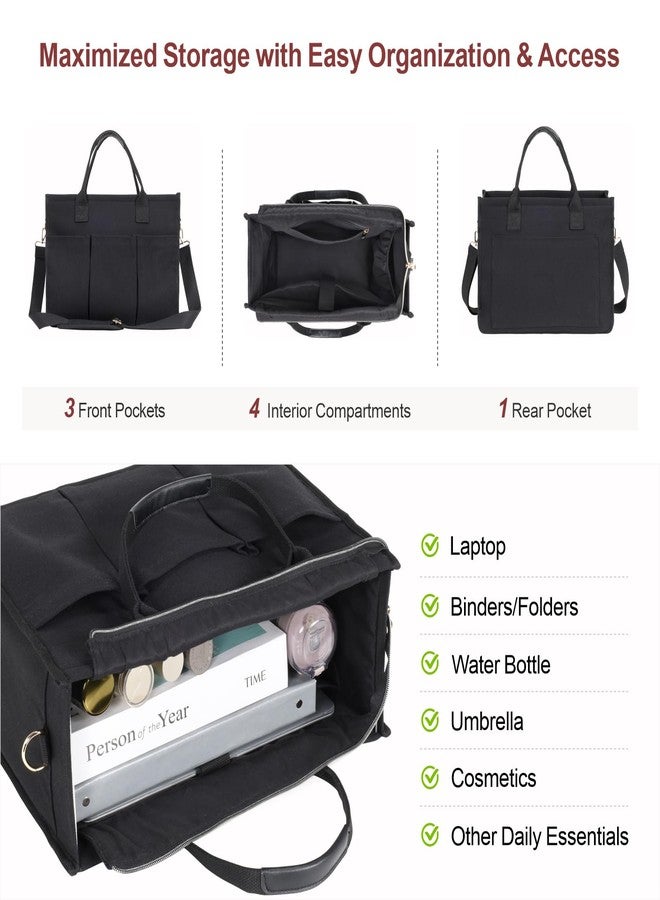 F-color College Tote Bag for School - Large Canvas Nurse Bag with Pockets and Compartment, Black With Zipper, Large - Image 5