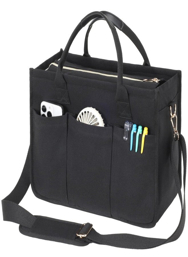 F-color College Tote Bag for School - Large Canvas Nurse Bag with Pockets and Compartment, Black With Zipper, Large - Image 1
