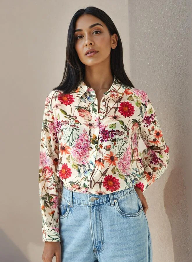 سبلاش فيڤ قميص فيسكوز مطبوع بالزهور بقصة عادية مع ياقة