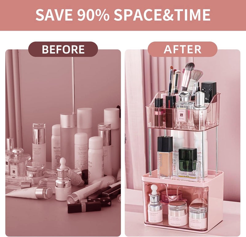 Dravina 3Tier Makeup Organizer Storage Box Vanity Tray for Cosmetics Skincare Organizers Stationery Countertop Storage Bathroom Dressing Table Organizer Ideal Gift for Women Pink35cm - Image 3