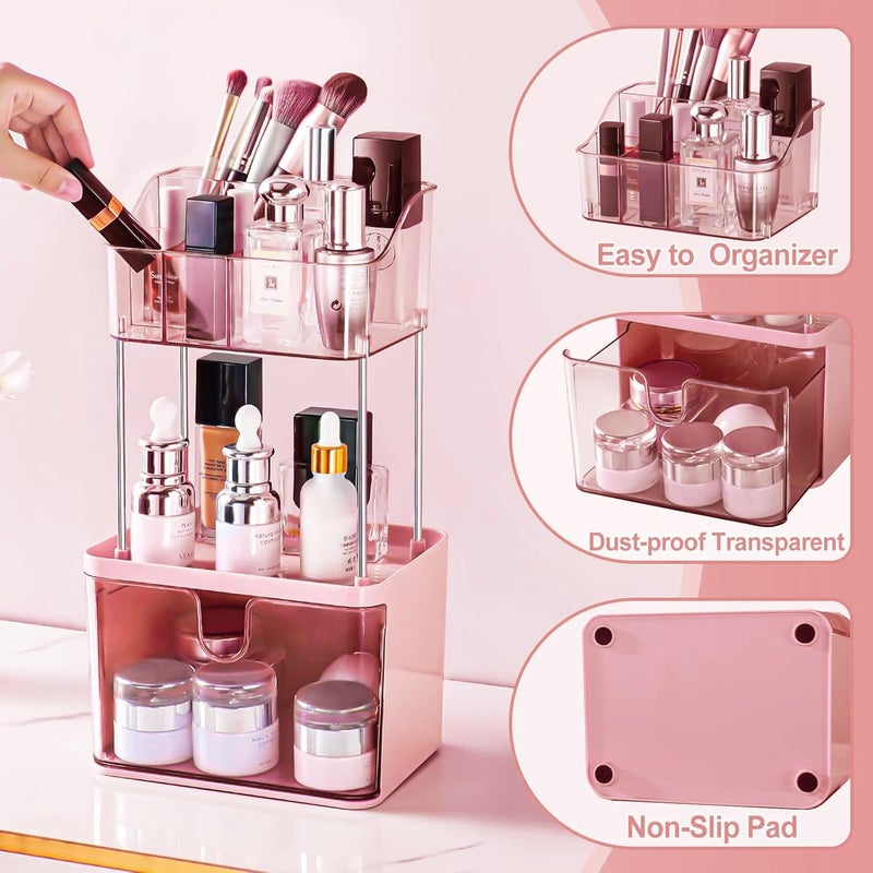 Dravina 3Tier Makeup Organizer Storage Box Vanity Tray for Cosmetics Skincare Organizers Stationery Countertop Storage Bathroom Dressing Table Organizer Ideal Gift for Women Pink35cm - Image 4