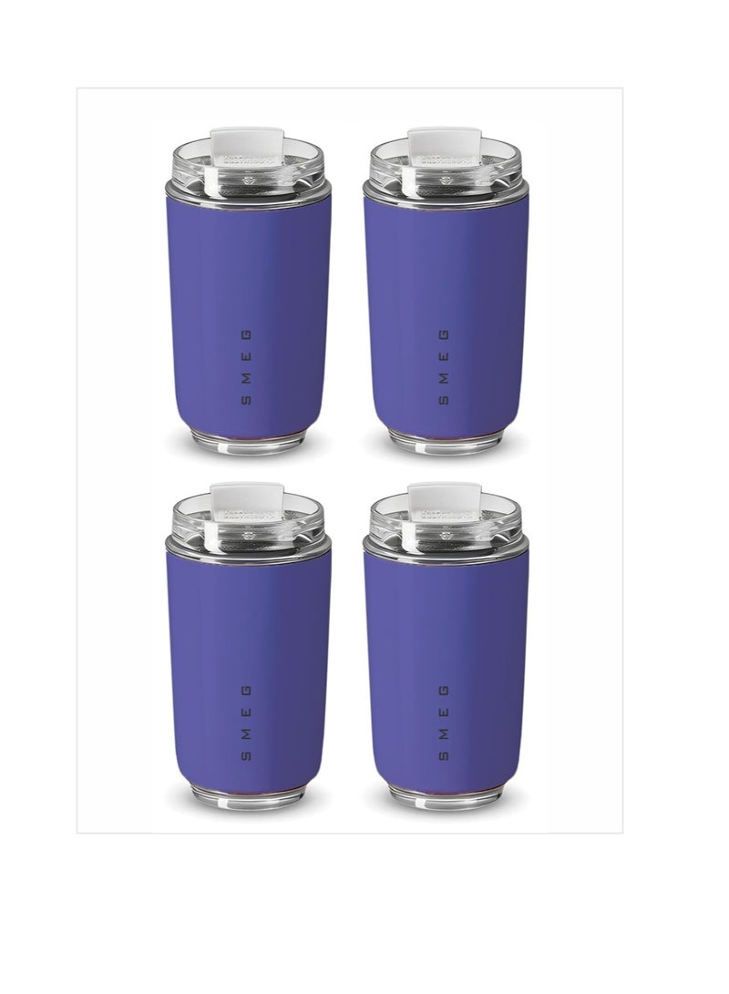 smeg كوب سفر، كوب قهوة معزول، كوب قهوة حراري من الفولاذ المقاوم للصدأ قابل لإعادة الاستخدام، حاوية مشروبات خفيفة ومحمولة للمنزل والمكتب والسفر، (عبوة من 4 قطع، 350 مل بنفسجي) - Image 1