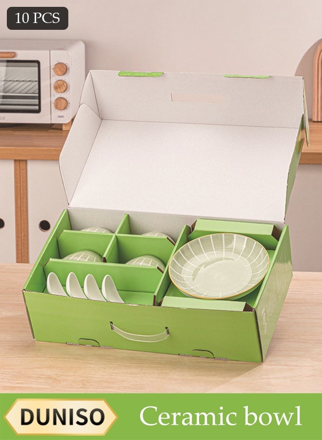 DUNISO طقم 10 قطع من الأطباق والأوعية والملاعق الخزفية، آمن للاستخدام في الميكروويف، طبق صلصة، وعاء غمس، وعاء تقديم، قابل للتكديس، للحلويات، المقبلات، الكاتشب، السلطة، السوشي، المعكرونة، الحساء، مجموعة أدوات المائدة الخزفية، أدوات مائدة خزفية - Image 1