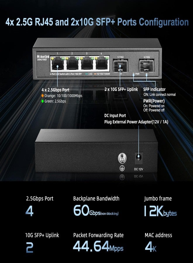 mokerlink Ethernet Switch 4 Ports 2.5G with 2x10G SFP, 4 Ports 2.5G Base-T Compatible with 10/100/1000Mbps, Unmanaged Metal Fanless Network Switch - Image 4